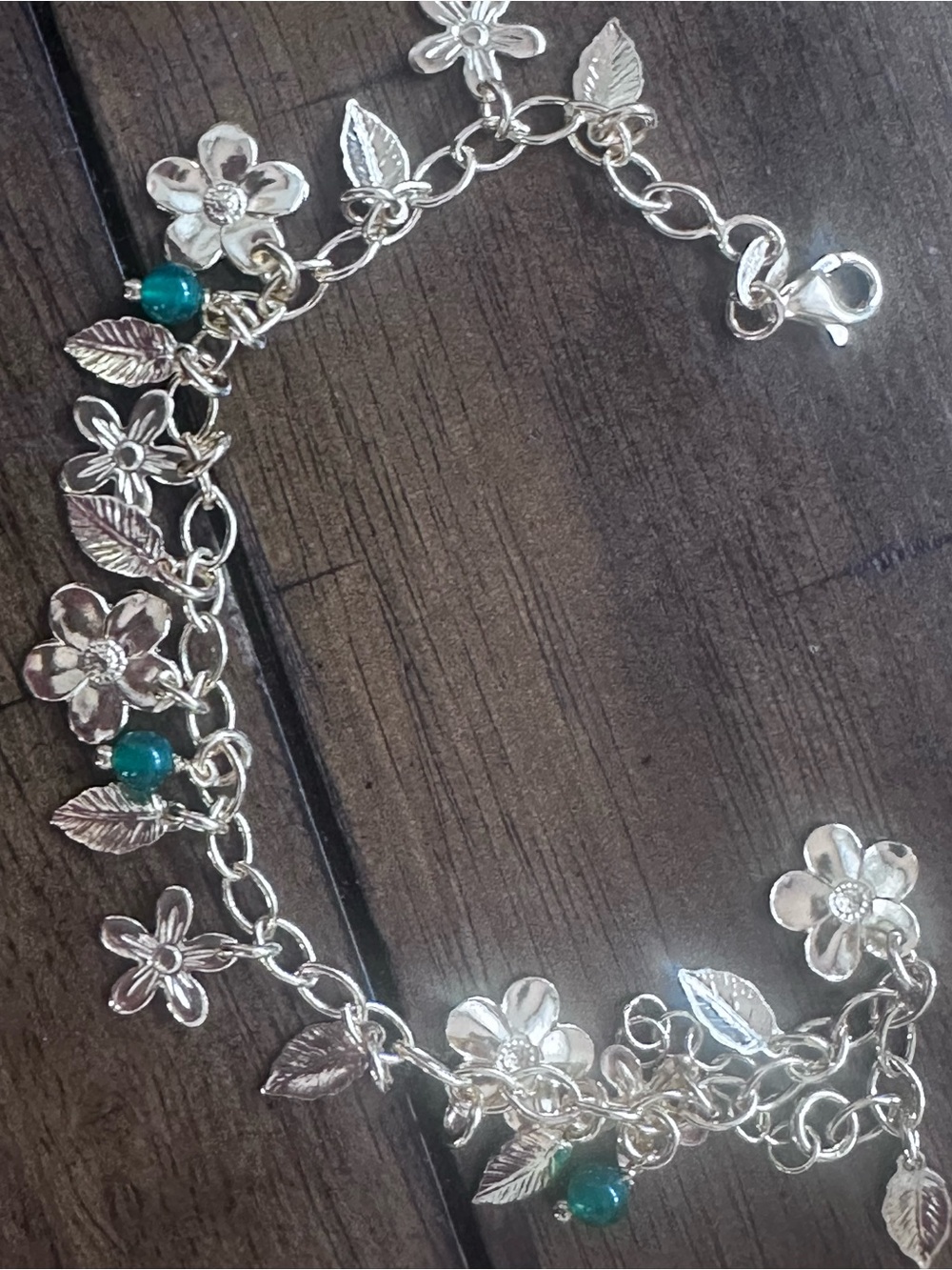 925 Silver gold plated Floral Charm Bracelet with Teal Beads - made in Italy